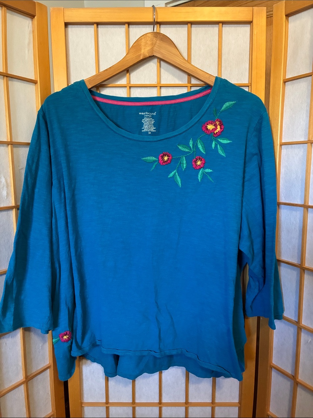 Westbound Teal Embroidered Floral Scoop Neck Knit Tunic